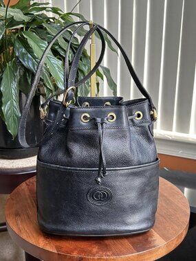GUCCI Leather Drawstring Bucket Bag, Black